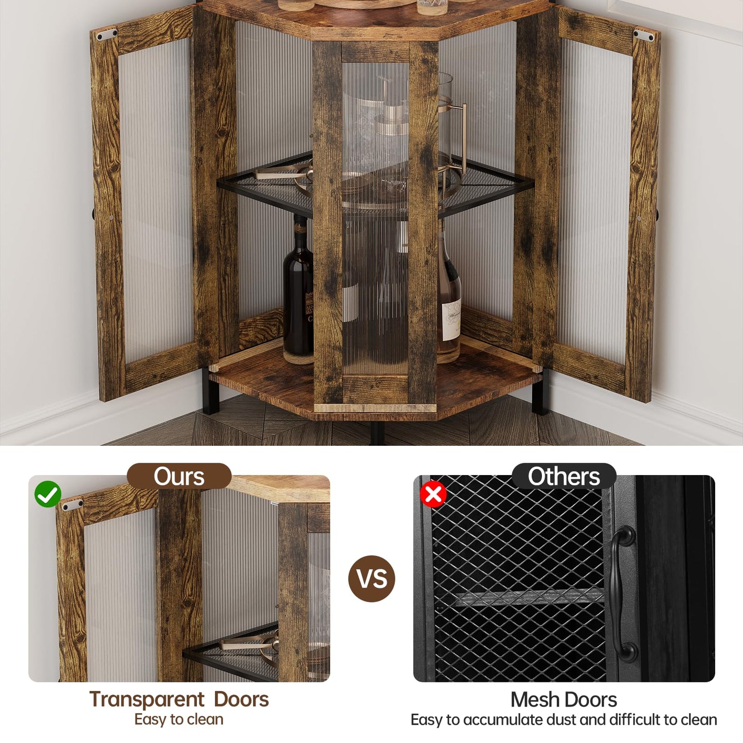 Airynee Corner Bar Cabinet with Power Outlet, 5-Tier Corner Wine Cabinet with Led Strip and Glass Holder, Industrial Tall Liquor Cabinet Bar Wine Rack for Home, Rustic Brown