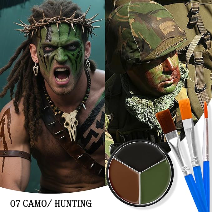 Black Brown Green Face & Body Paint - Blendable Facepaint Foundation with Sponge & Brush for Skin, Professional Halloween Face Make-up Kit for Camo Hunting Army Military Deer Camouflage Dirt Costume
