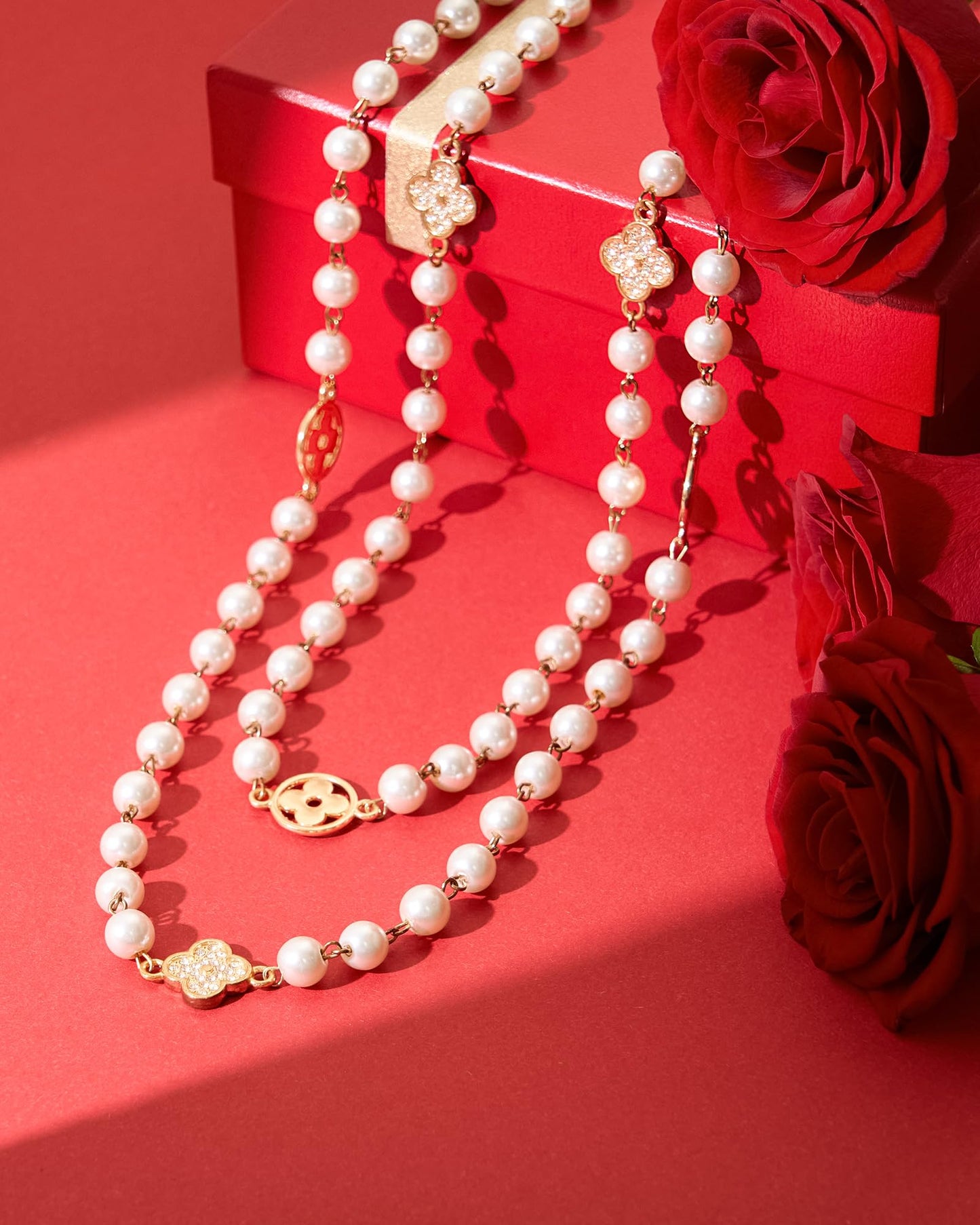 IDOKAWA 8MM Round Simulated Shell Pearl Strand Layered Necklace for Women, Dainty Multiple Strands Long Necklace for Party, Vint