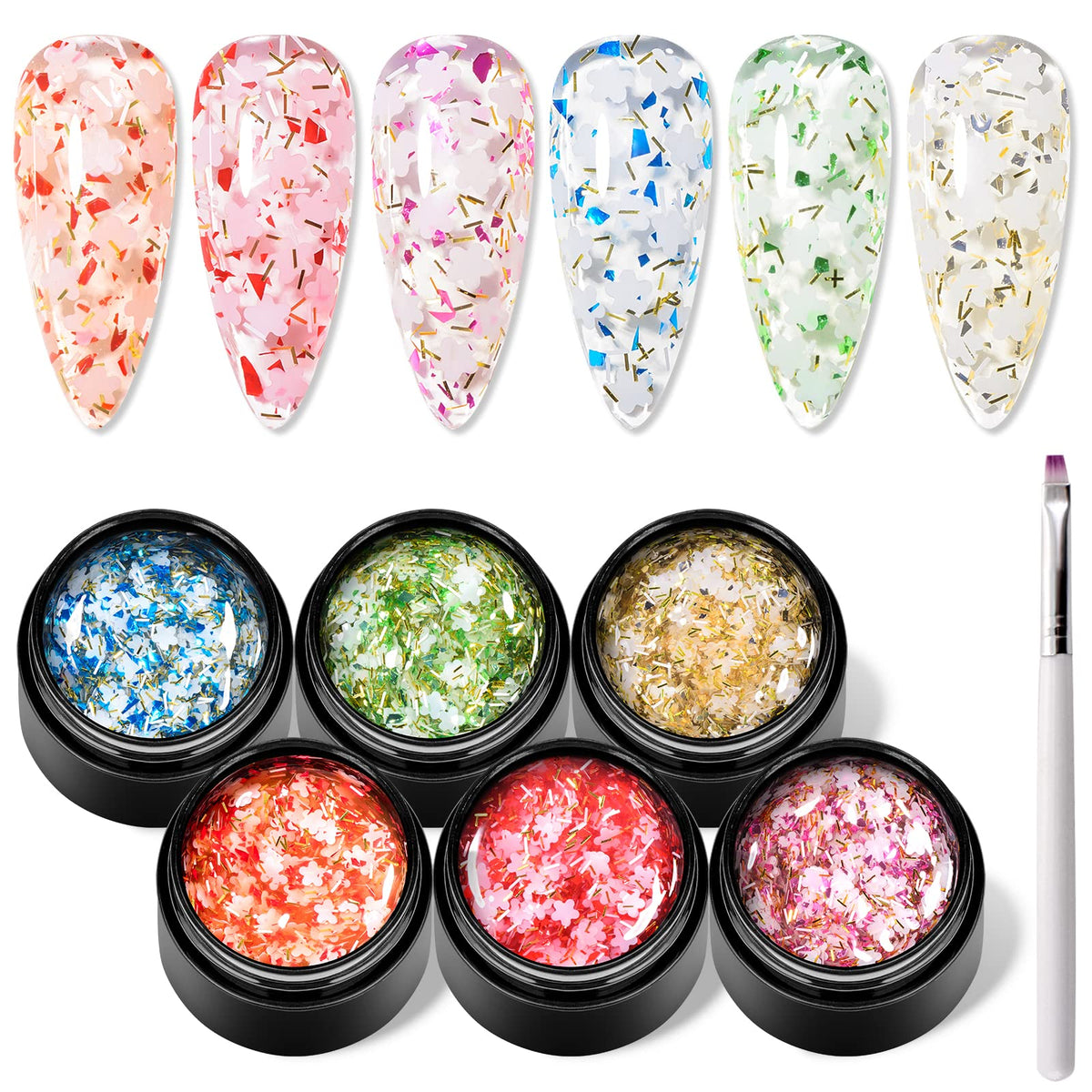 Flower Glitter Gel Nail Polish Set - 6 Pcs Diamond Sequins Style Gold Blue Green Clear Pink Jelly Gel Nail Polish Set with Flowe