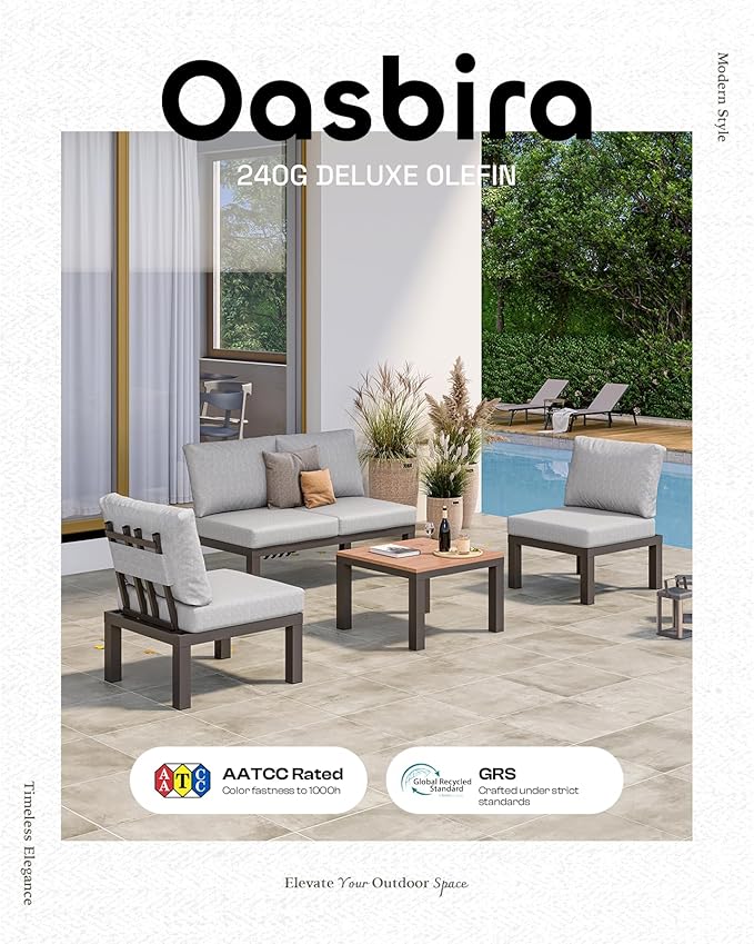 Oasbira Aluminum Outdoor Patio Sofa Set, 2 Seats Modular Sectional Reclining Loveseat Sofa with Adjustable Backrest & Removable Cushions, All-Weather Conversation Sets for Garden & Yard, Gray