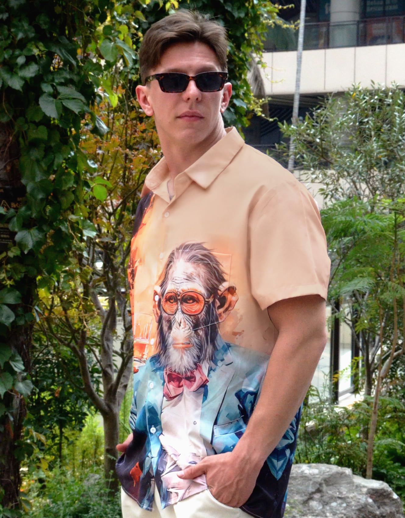 Men's Hawaiian Button Down Shirt, Monkey Print Design, Short Sleeve Regular Fit, Black and Brown