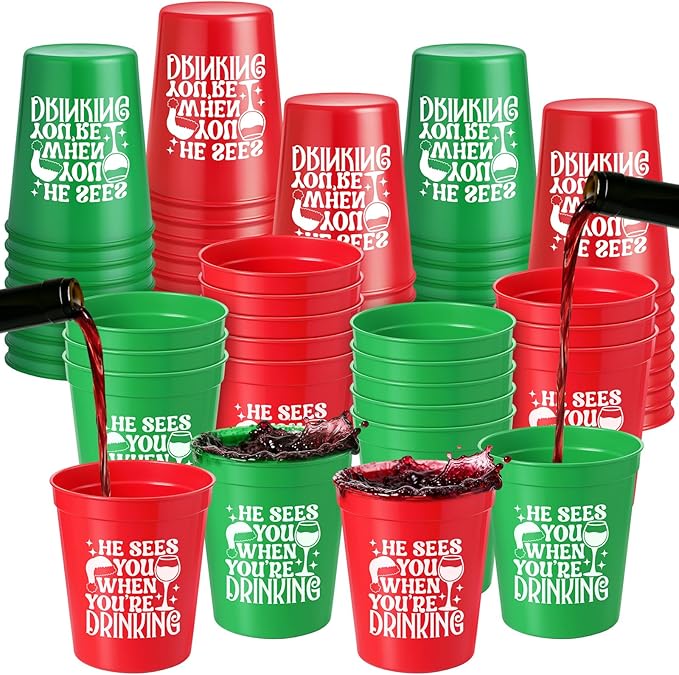 48 Pack Christmas Plastic Cups Bulk 16 oz Red and Green Reusable Stadium Cups He Sees You When You're Drinking Bar Winegla...