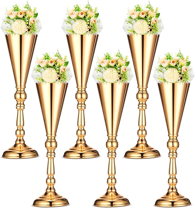 Potchen 6 Pcs Flower Trumpet Gold Vase Tabletop Centerpiece Gold Tall Flower Vases Bulk Wedding Table Decorative Centerpie...