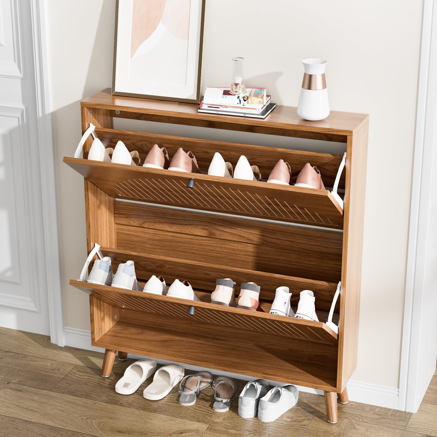 Fsbecl Shoe Storage Cabinet for Entryway with 2 Flip Drawers, Narrow Wood Shoe Cabinet with Fluted Panel, Freestanding Hidden Shoe Organizer for Foyer, Hallway (Walnut - No Shelf)