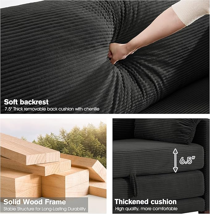 kakuboohi 65" Loveseat Sleeper Sofa Bed, Corduroy Convertible Sofa Bed for Small Spaces, Folding Couch Bed with Deep Seat, 2 Pillows & Solid Frame, Pull Out Floor Couches for Living Room, Black