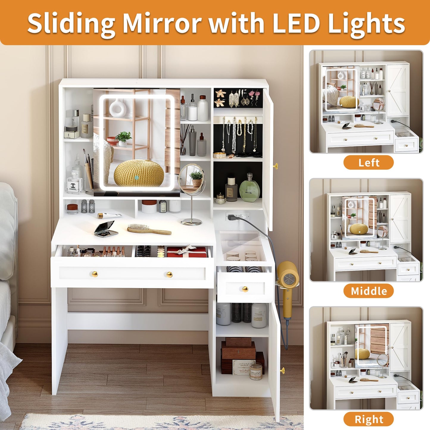 Pamapic Glass Top Farmhouse Vanity Desk with Mirror and Lights, Sliding LED Mirror Makeup Vanity with 3 Golden Handles Drawers and 12 Compartments, Jewelry Organizer 3 Color Dressing Table, Bedroom