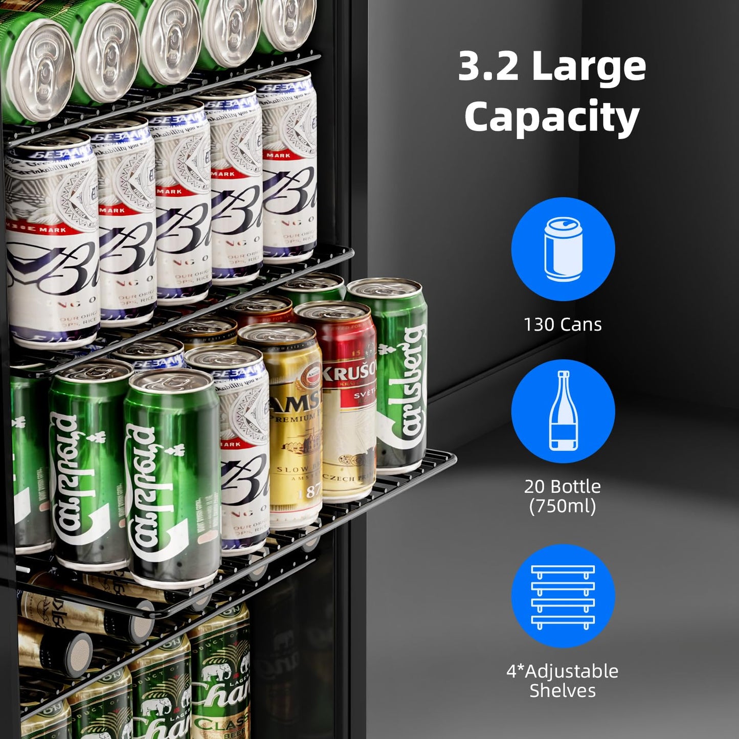 Antarctic Star Mini Fridge -130 Can Beverage Refrigerator CoolerGlass Door for Soda Beer or Wine Constant Glass Door Small Drink Dispenser for Home, Office Bar 3.2cu.ft