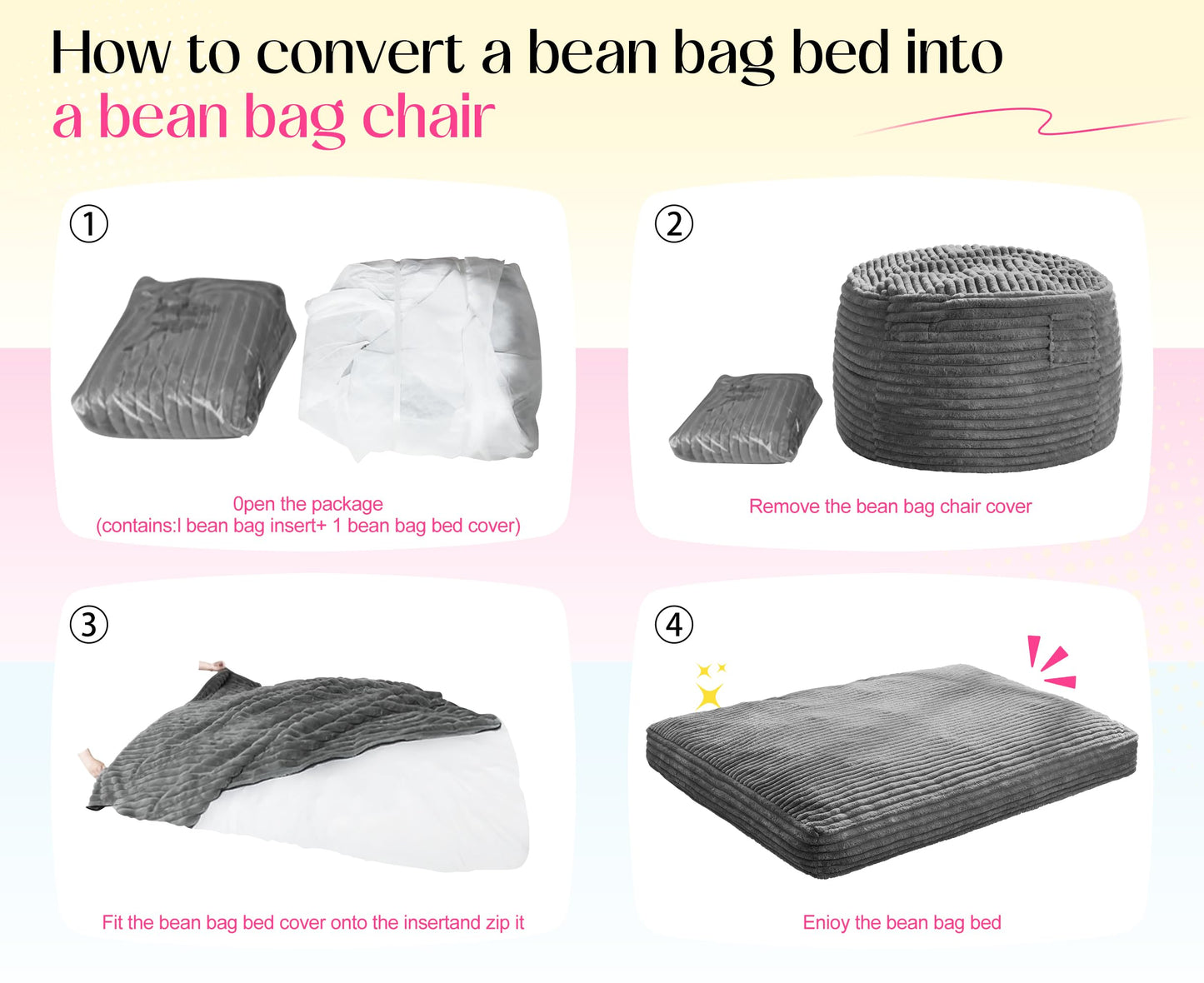 Hobestluk Bean Bag Chair Convertible Beanbag Chairs for Adults, 3 in 1 Bean Bags with Stripe Cover, Adult Bean Bag Chair for Living Room, Bedroom (Grey, Full)