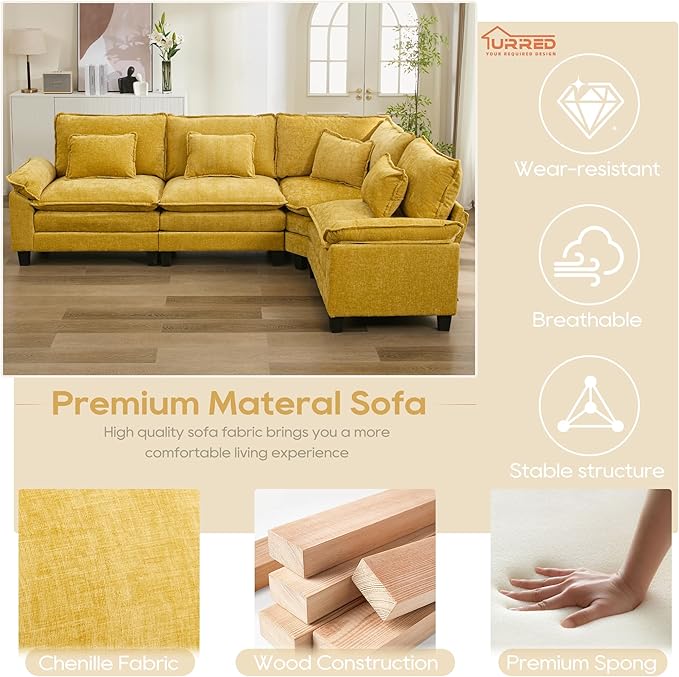 URRED Cloud Couch Modular Sectional Sofa, 116" Modern L Shaped Deep Seat Sofa with Pillows, Ultra Comfy Chenille Corner Couches for Living Room, Bedroom or Apartment, Yellow