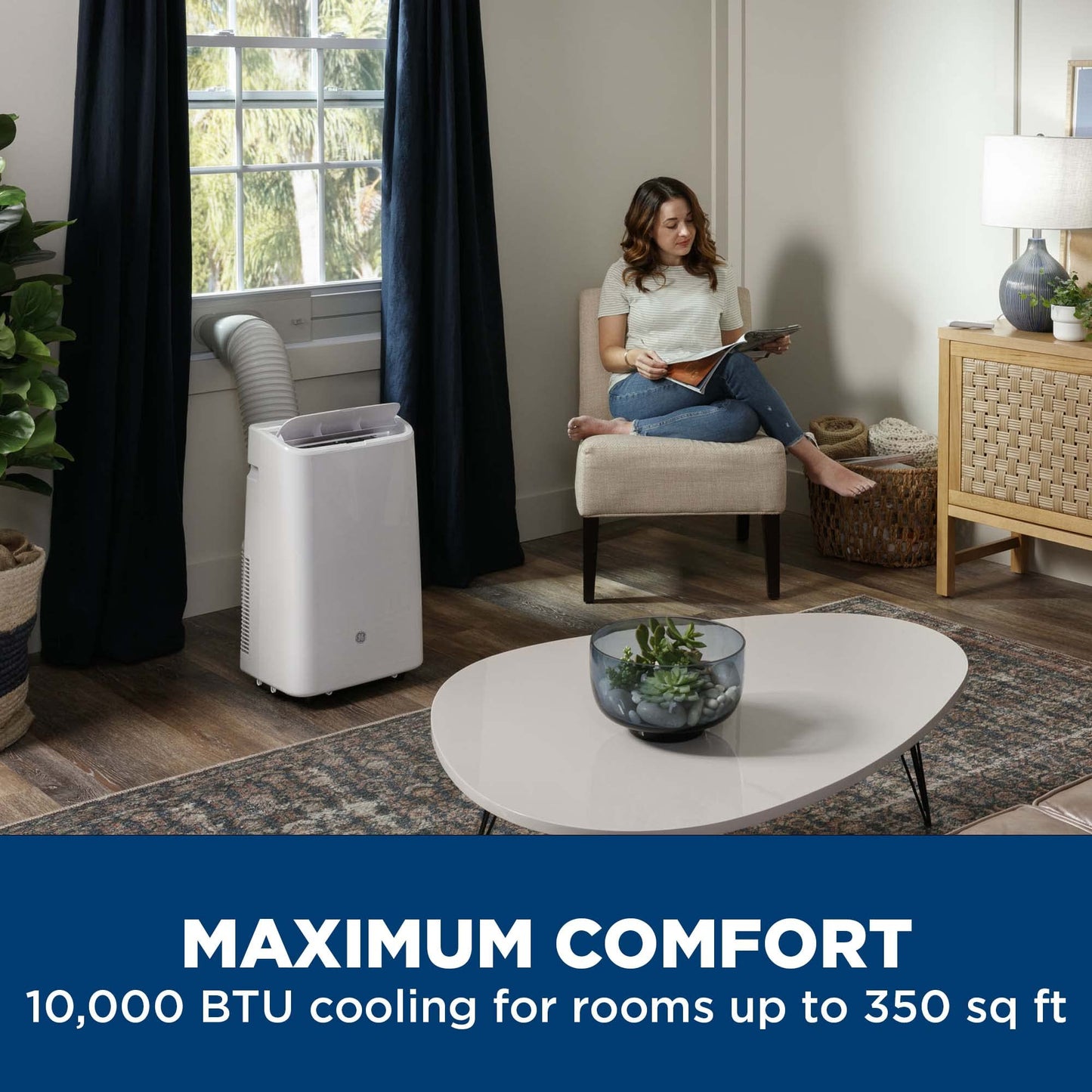 GE 10,000 BTU Portable Air Conditioner for Medium Rooms up to 350 sq ft. (7,100 BTU SACC), 3-in-1 with Dehumidify, Fan and Auto Evaporation, Included Window Installation Kit