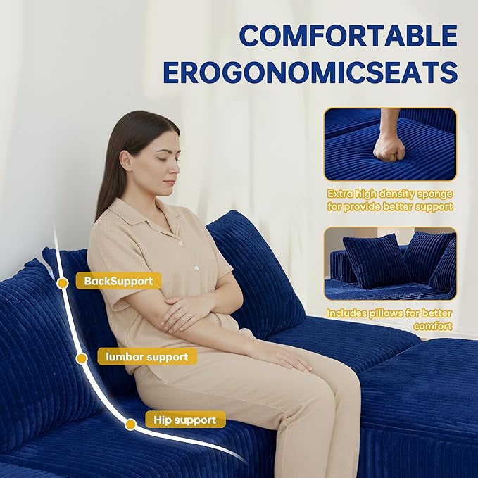 SEENYOO 130" Boneless Couch, Cloud Couch Sectional, Corduroy Sofa for Living Room, U Shaped Modular Sofa with Chaise, No Assembly, 4 Seats Oversized (Blue)