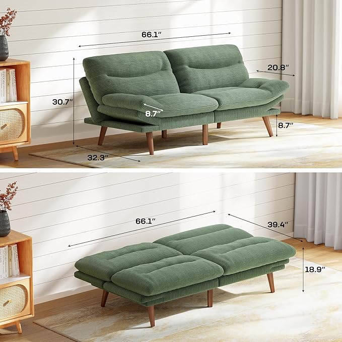 Marsail Futon Sofa Bed, 66” Futon Couch with Adjustable Backrest & Armrests, Convertible Small Sleeper Sofa Bed for Small Apartments, Study Room, Office, Corduroy Loveseat, Dark Green