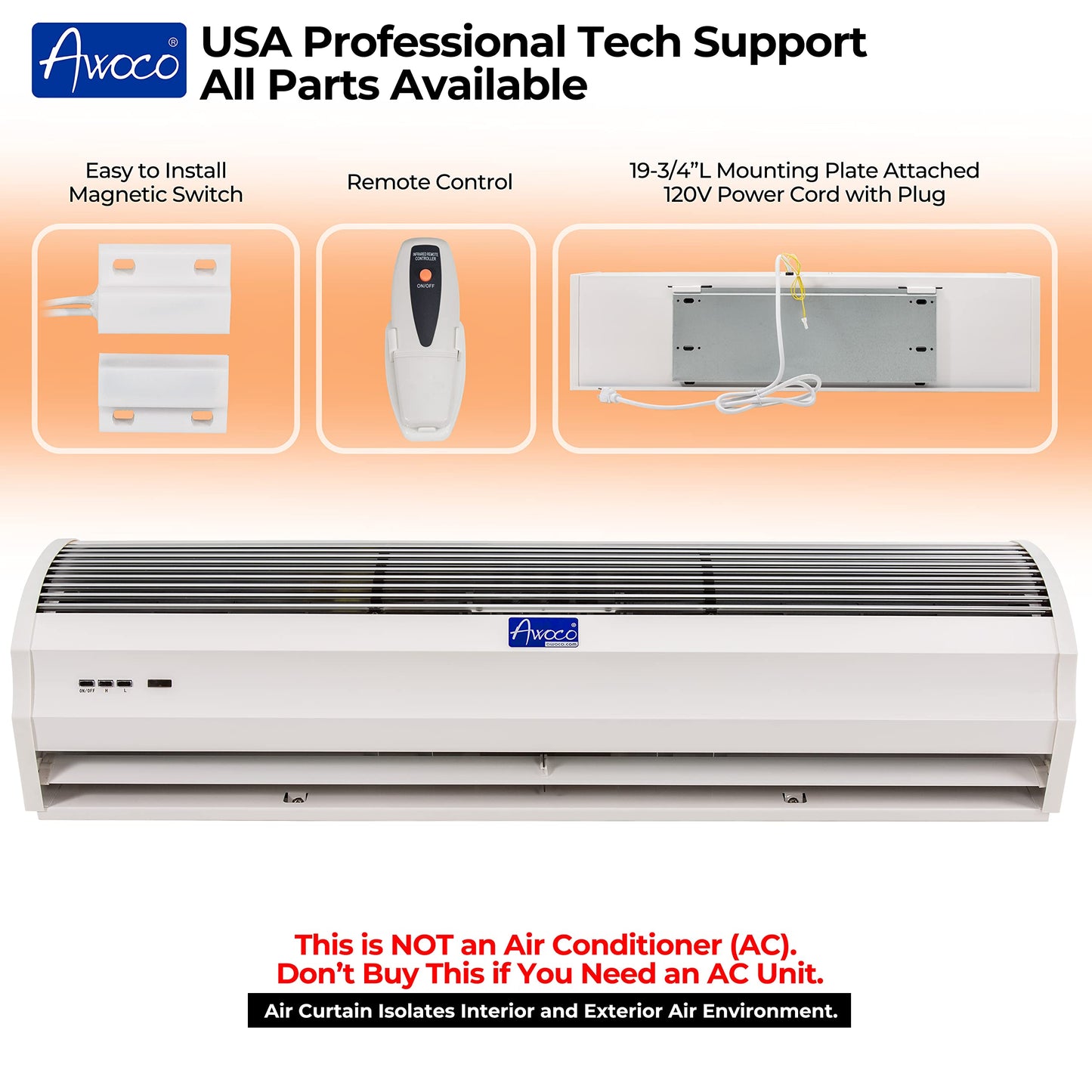 Awoco 48 Fm-1212T 1500 Cfm Slim Indoor Air Curtain, Ce Certified, 120V Unheated With Remote Control And Magnetic Switch, Powerfu