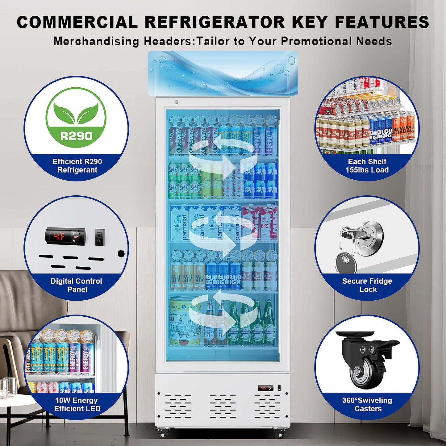 ECEVT 26.8'' W Commercial Beverage Fridge, 15 Cu.ft. Merchandiser Refrigerator Glass Door Upright Display Cooler with LED Light and Adjustable Shelves for Restaurant Grocery Stores Home, White