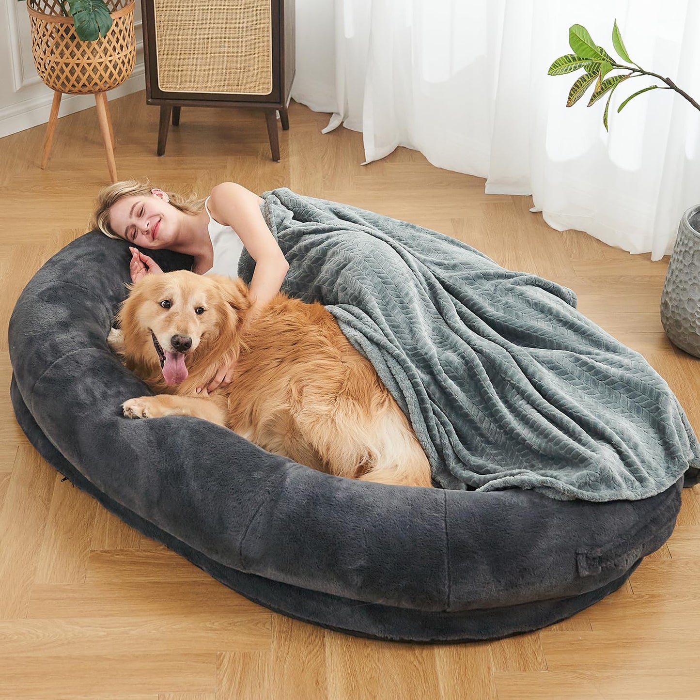 Human Dog Bed,72"x48"x10" Large Gaint Shared Bed for Adult - Flufelbed Standard Cloud Bed for Humans and Dogs - Nap Bed Bean Bag Bed Faux Fur Fluffy Orthopedic Pet Sleeping Bed - Large Charcoal