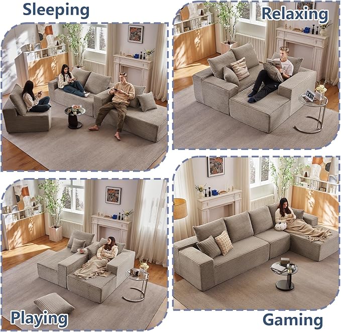 135.4" Cloud Sectional Couch with L-Shape Chaise, Modern Corduroy Boneless Couch for Living Room,Memory Foam Sofa with Deep Seat,No Assembly Required (Camel,Right-Facing Chaise)