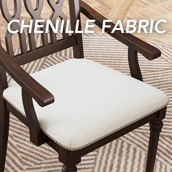 chairus Farmhouse Dining Chairs Set of 6, French Country Vintage Wooden Dining Room Chairs with Arm, Lattice Back & Turned Legs, Rustic Chenille Upholstered Nailhead Trim Kitchen Chairs, Walnut Brown