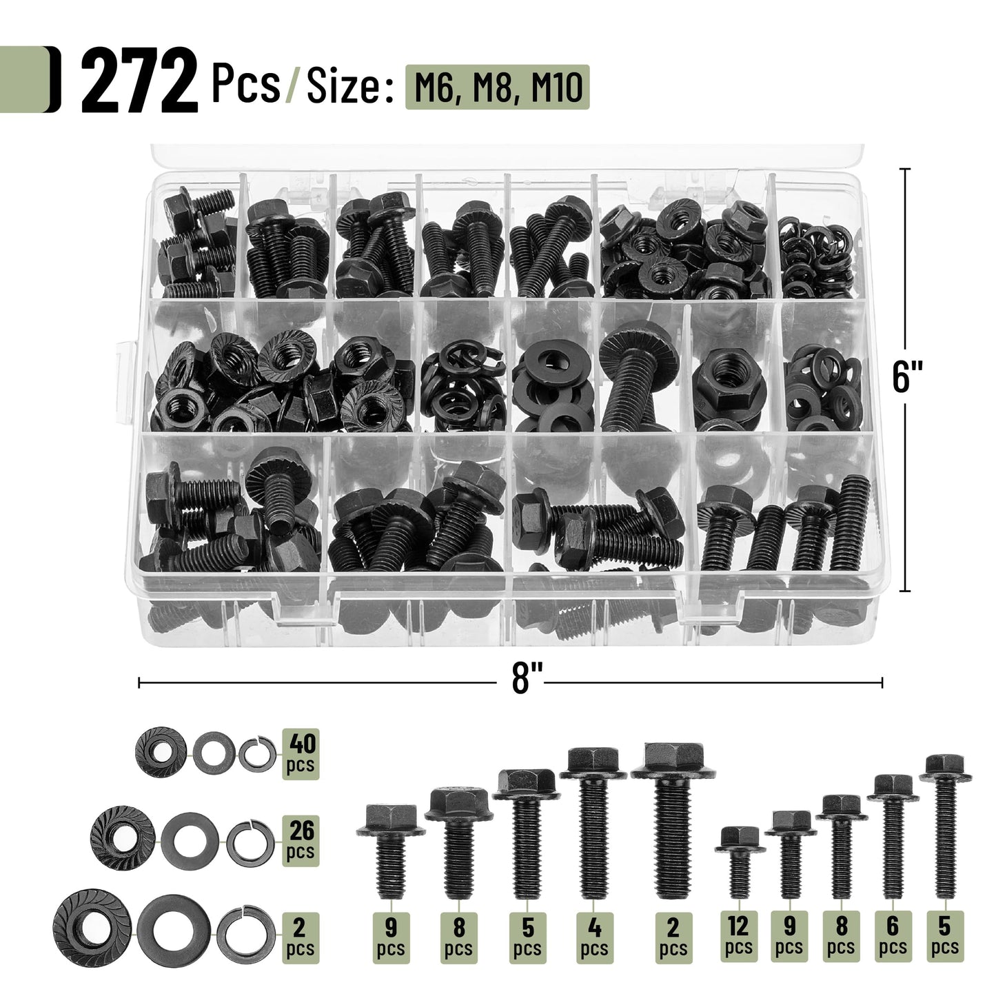 Mr. Pen- Nuts and Bolts Assortment Kit, 272 pcs, Black Carbon Steel, Grade 10.9, M6, M8, M10(12mm to 30mm), Flange Hex Head Metric Assorted Nuts and Bolts