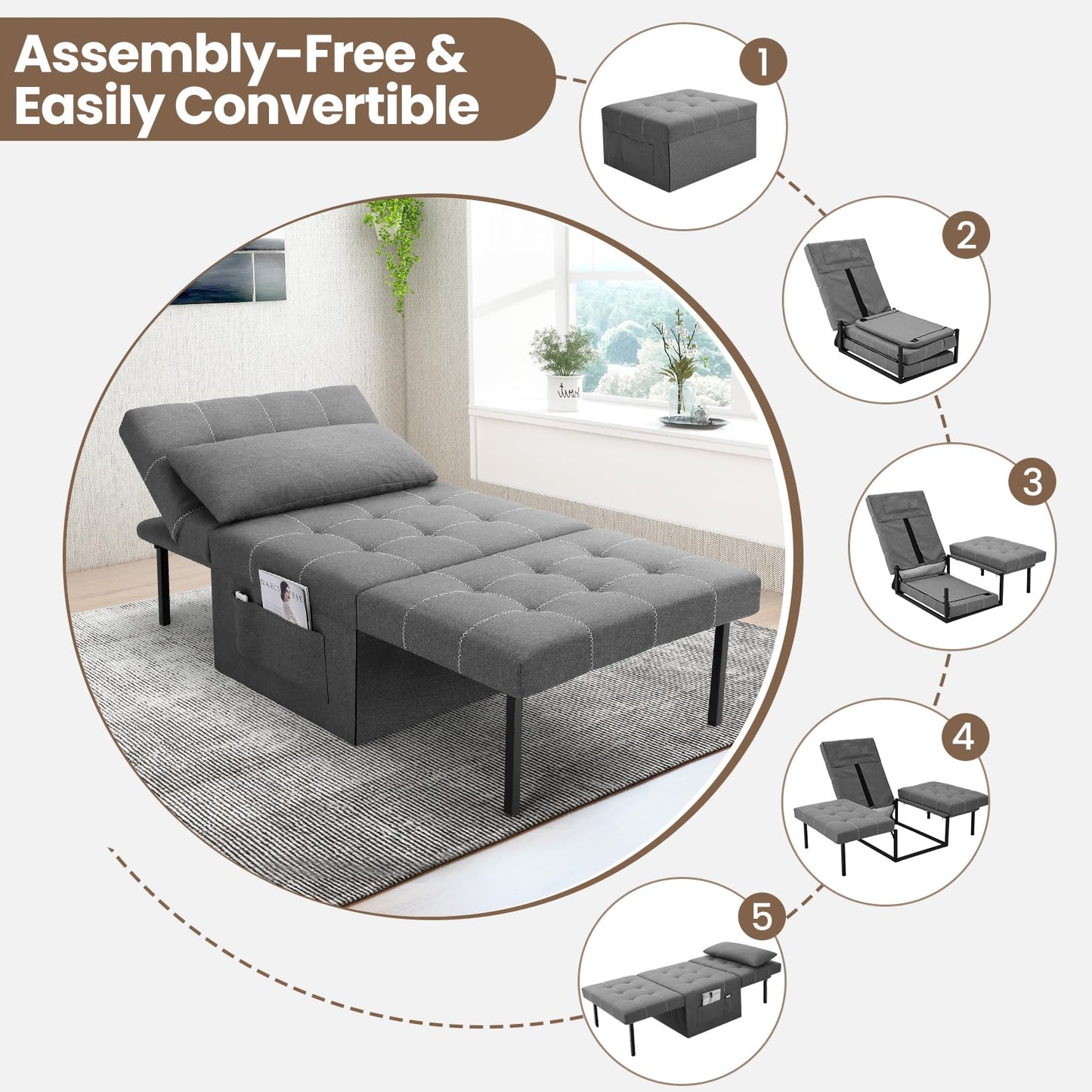 SEJOV 34'' Width Convertible Sleeper Chair, 4 in 1 Multi-Function Folding Ottoman Bed w/Adjustable Backrest & Pillow, Modern Large Single Recliner Assembly-Free Sofa Bed for Small Spaces, Dark Gray