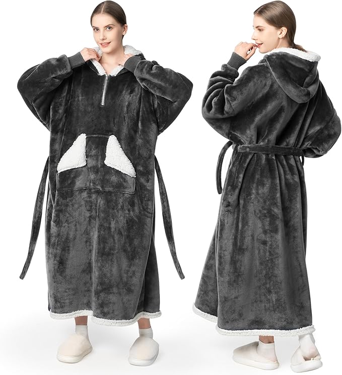 Wearable Blanket Hoodie as Gifts for Women, Long Sherpa Fleece Hooded Blankets with Oversize Hood and Pocket, Warm and Cozy Sweatshirt with Belt, Winter Gift