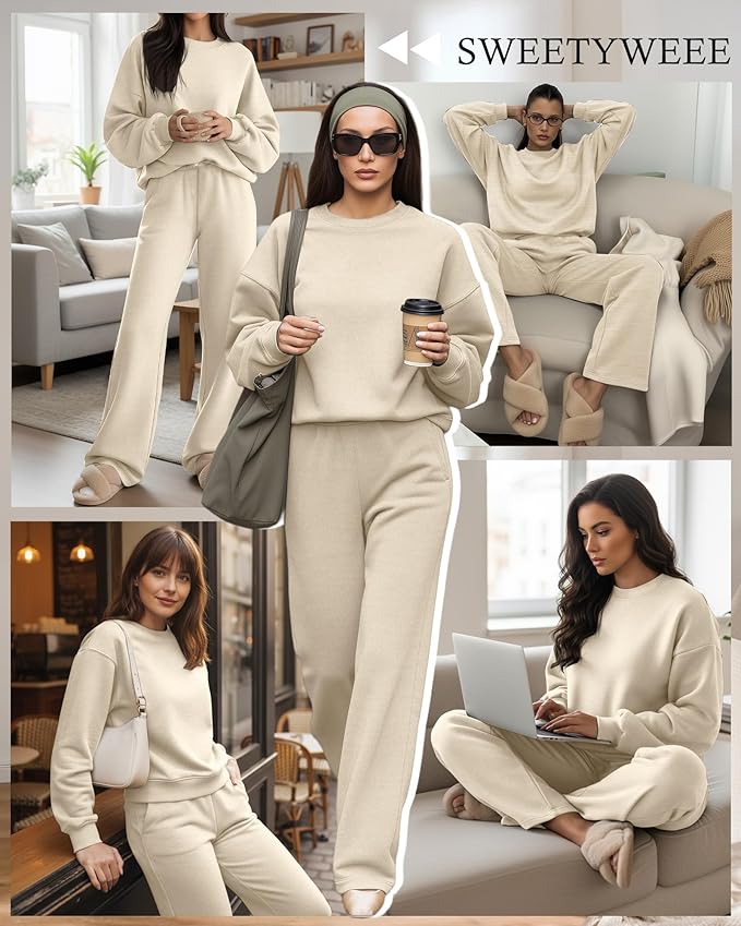 Sweetyweee Women's 2 Piece Outfits Set Fleece Lined Lounge Sweatsuit Crewneck Pullover Top Wide Leg Pants Casual Tracksuit