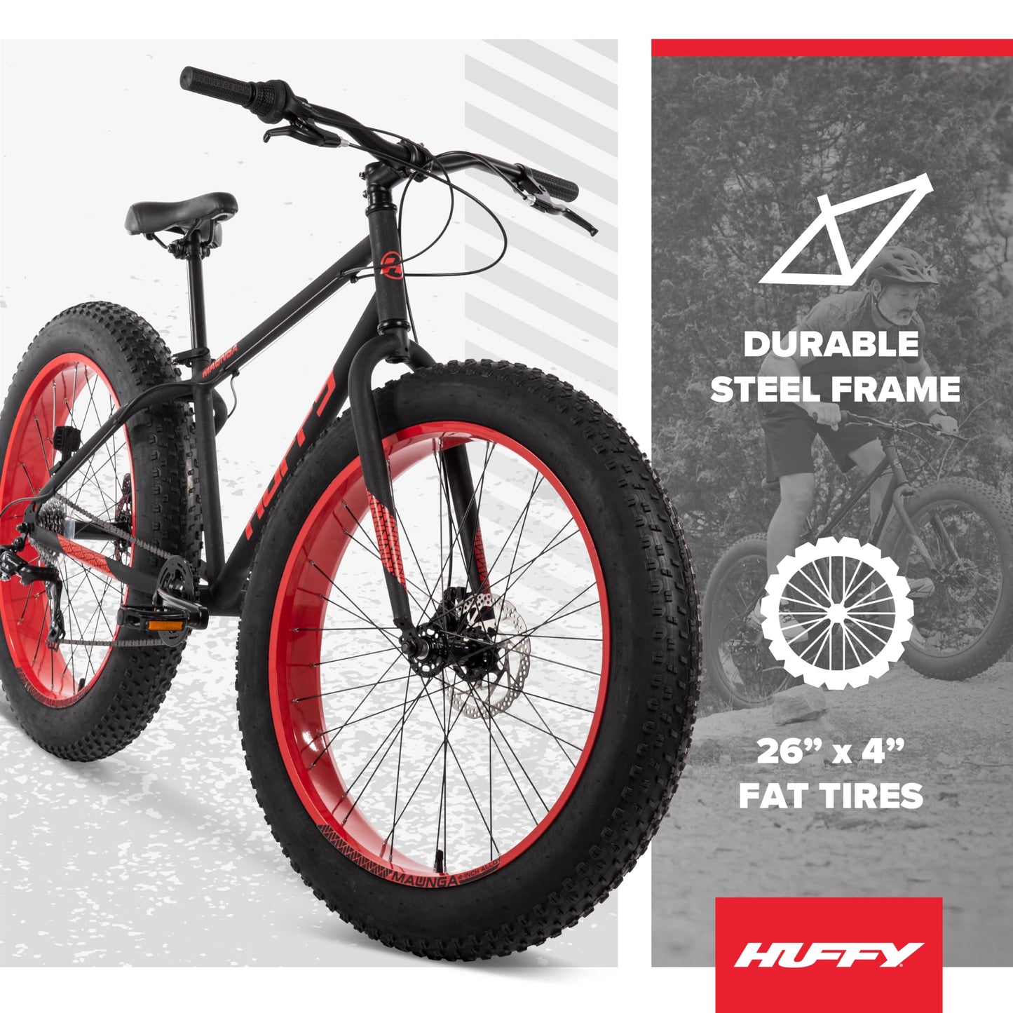 Huffy Maunga Mens Fat Tire Bike, 4-Inch Knobby Tires, Off-Road Mountain Bike, Dual Disc Brakes, Steel Frame, 7-Speed Shimano Twist Shifting