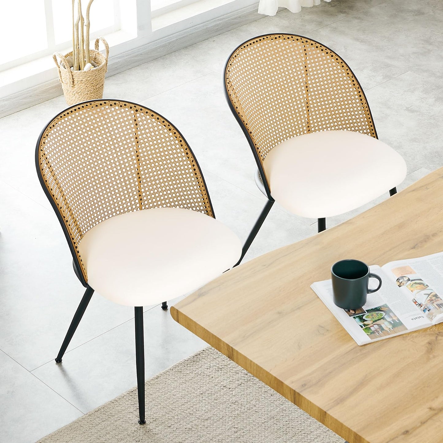 Bekrvio Dining Chairs Set of 4, Mid Century Modern Dining Room Chairs with Full Rattan Back, Faux Leather Kitchen Dining Chairs Farmhouse Armless Mesh Cane Back Side Chairs with Metal Legs, White