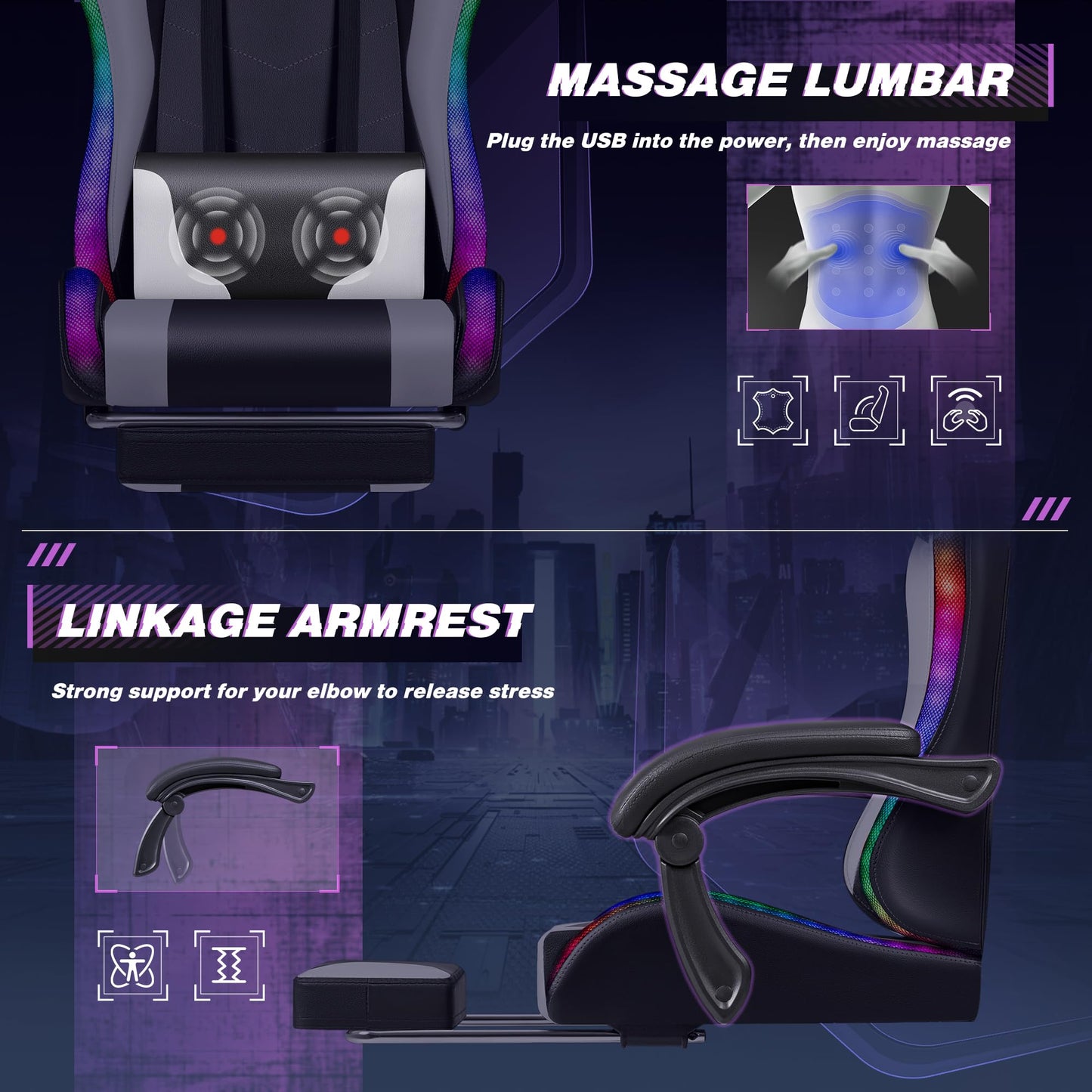 Homall Gaming Chair, Video Game Chair with Footrest and Massage Lumbar Support, Ergonomic Computer Chair Height Adjustable with Swivel Seat and Headrest (RGB White)