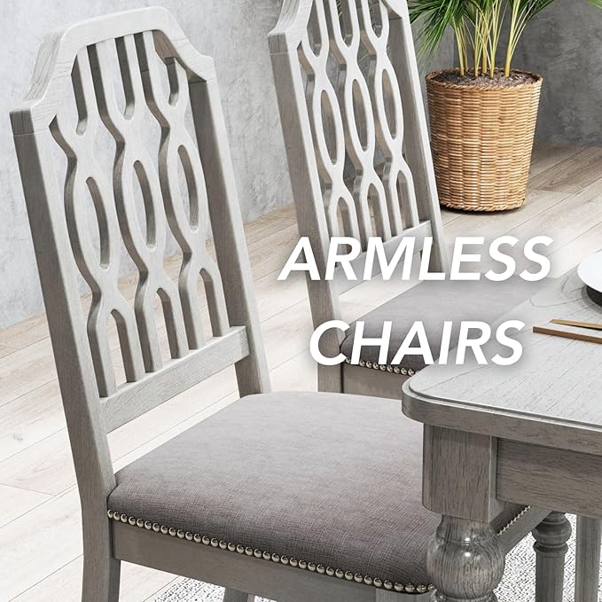 chairus Farmhouse Dining Chairs Set of 2, French Country Wooden Dining Room Chairs with Lattice Back & Nailhead Trim, Upholstered Linen Fabric Kitchen Side Chairs, Grey