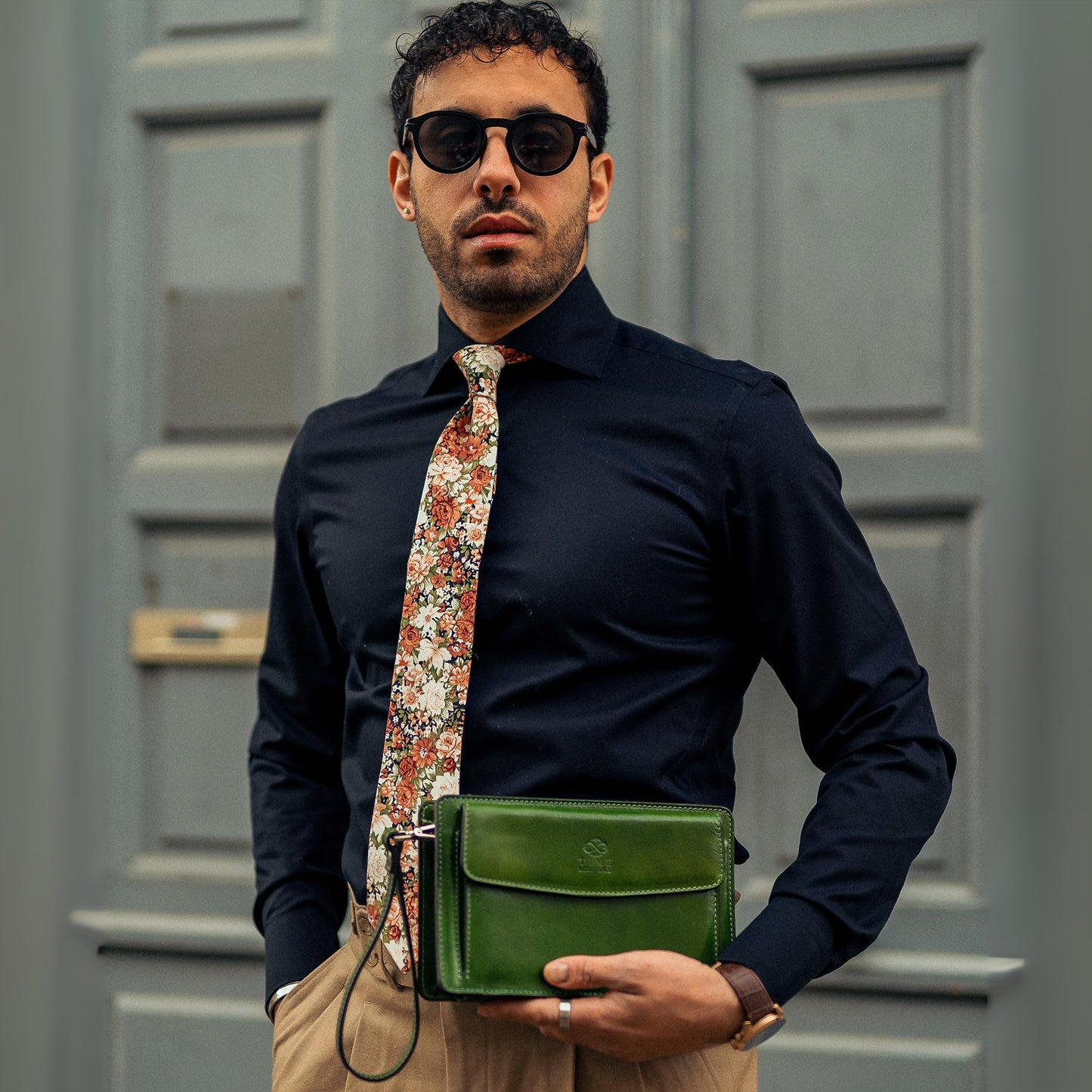 Time Resistance Leather Clutch for Men - Organizer Wrist Bag Briefcase - Handmade in Italy (Green) - Gift Box Included