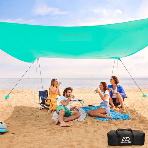 ADesign Windproof Beach Tent Sun Shelter with 8 Sandbags, Large Family Sun Shade with Sand Shovel, UPF50+, 6.3 FT Tall, Outdoor Easy Setup Beach Canopy for Vacation, Camping, Picnics