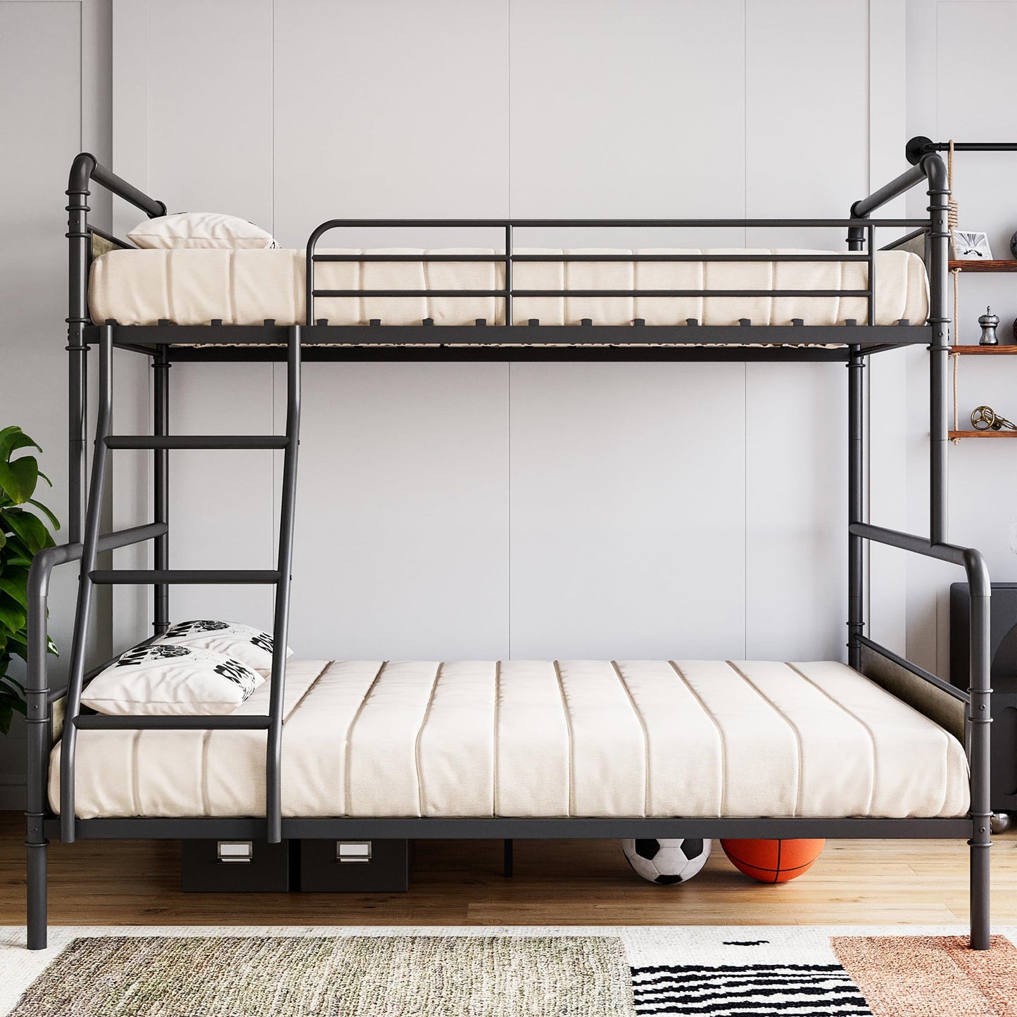 GarveeHome Metal Bunk Bed Twin Over Full Size with Angled Ladder, High Guardrail, Heavy Duty Bunk Bed Frame with Metal Slats, Smooth Rounded Edges, for Kids, Teens, Adults, Black+Grey