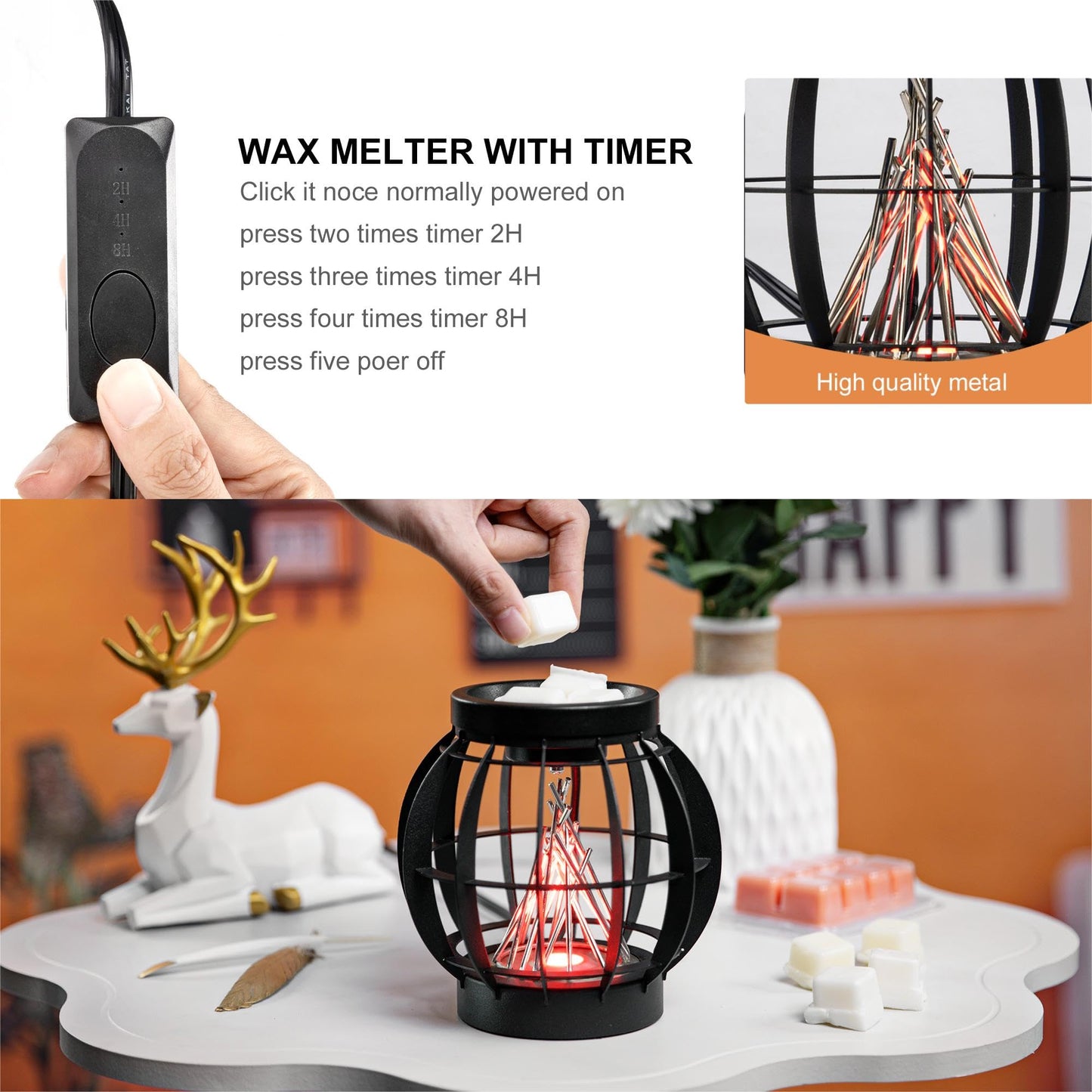 GXD Campfire Wax Warmer,Full Metal Wax Melt Warmer,Wax Warmer with Breathing Light,Wax Warmer for Scented Wax,Candle Wax Burner Fragrance Warmer for Home Decor Office,Birthday Gifts(timing switch)