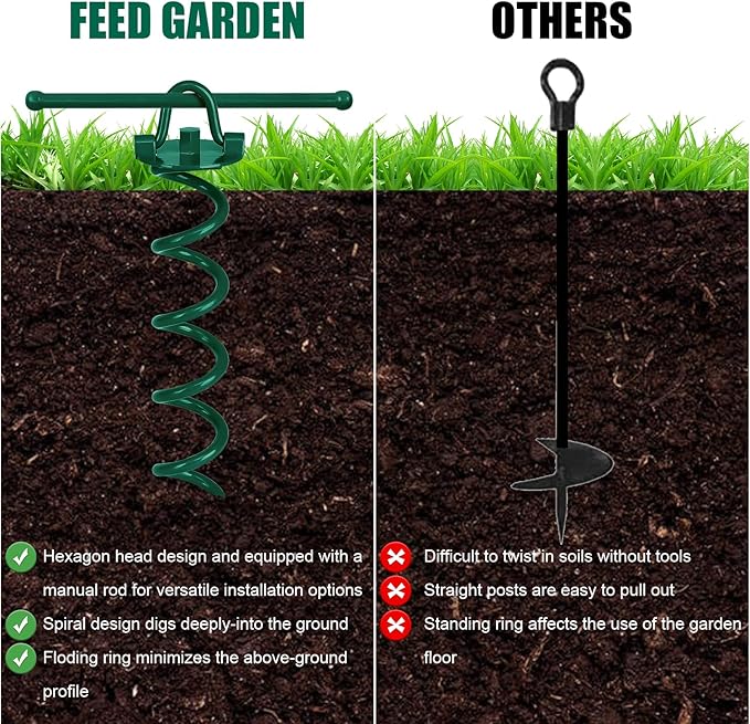 FEED GARDEN 12.2 Inch Spiral Ground Anchors Heavy Duty Screw in Spiral Stakes 4 Pack Folding Ring Ground Stakes for Securing Dogs,Tents, Trampolines, Canopies, Swing Sets,Green