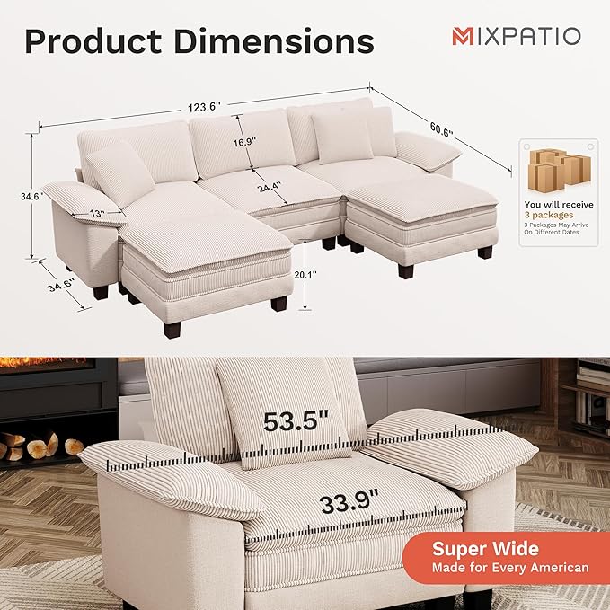 MIXPATIO 123-Inch U Shaped Sectional Sofa with Cloud Cushions, Deep Seat Modular Couch Set w/ 5 Seats & 2 Ottomans, Plush Chenille & Corduroy Upholstery for Living Room, Apartment - Beige