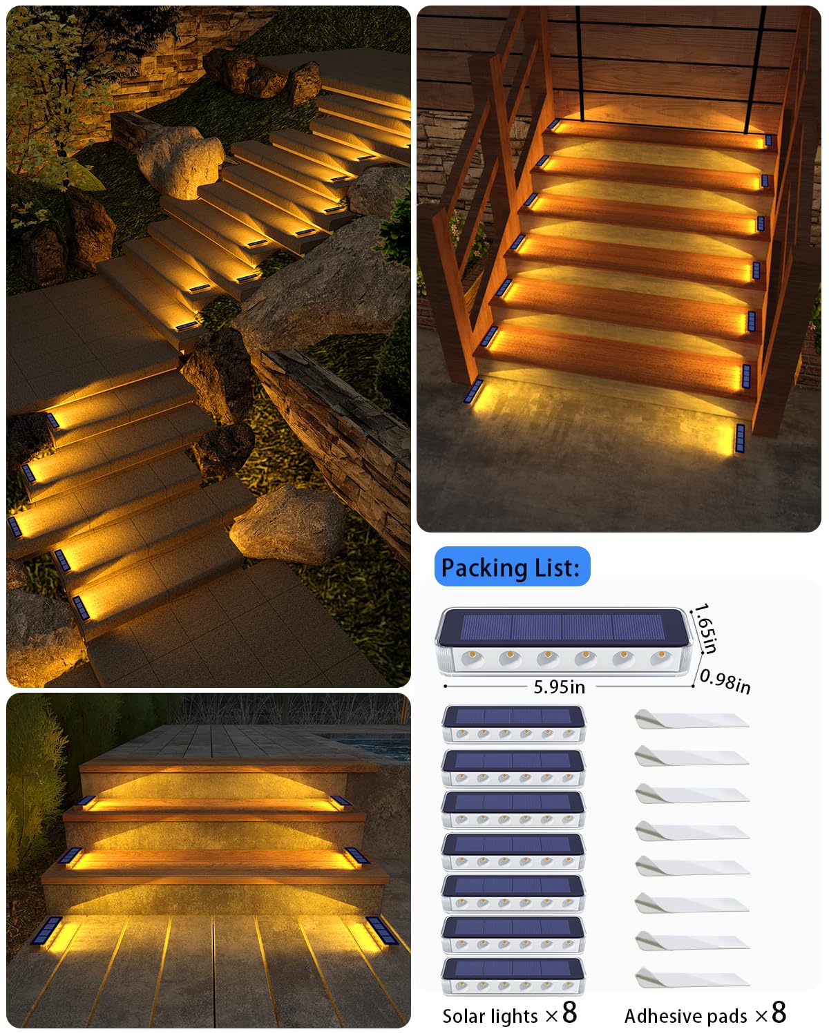 DetarZinLED Solar Step Lights for Outside,8 Pack Solar Stair Lights Outdoor Waterproof,Warm White Deck Light Solar Powered Waterproof for Steps,Stairs,Walkway,Sidewalk,Patio,Pathway