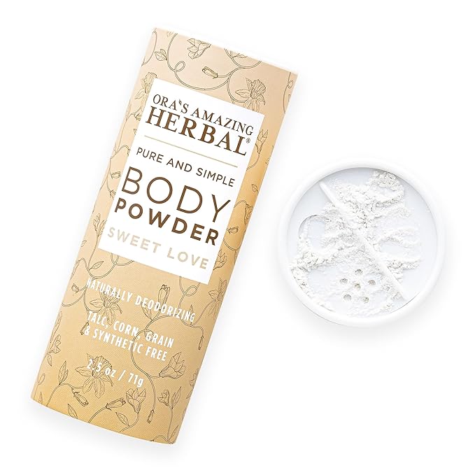 Ora's Amazing Herbal Body Powder for Women, Cornstarch and Talc Free, Bath and Dusting Powder, Amber Oil, Frankincense Essential Oil, Ylang-Ylang, Vanilla, Warm Scent, Sweet Love 2.5 oz