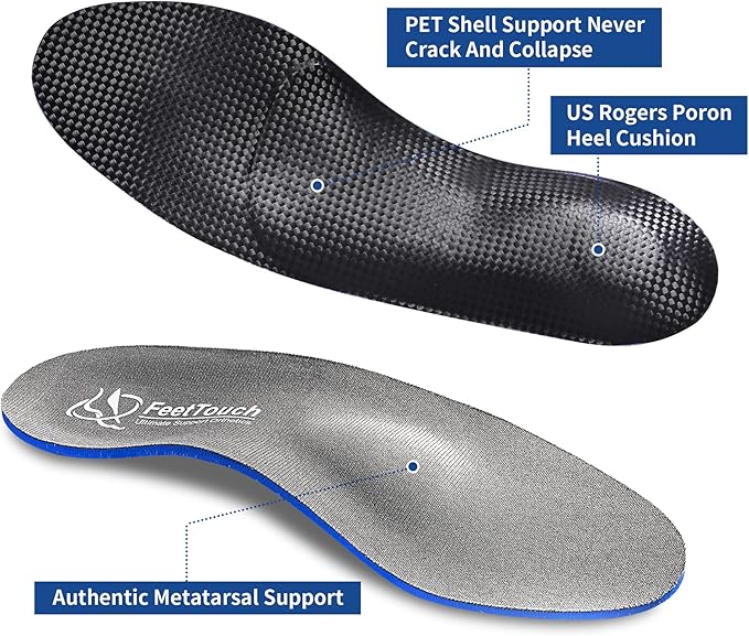FeetTouch Strong Arch Support Orthotics for Metatarsalgia Morton's Neuroma,Ball of Foot Pain Relief Inserts Plantar Fasciitis Flat Feet with Poron Heel Cushion Grey
