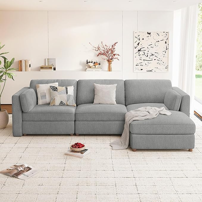 CUGOAO 118'' Modular Sectional Sofa, Oversized L-Shaped Sectional Couch with Ottoman, Deep Seat Chenille Cloud Couch, Mordern Upholstered Couches for Living Room, Apartment, Office, Grey