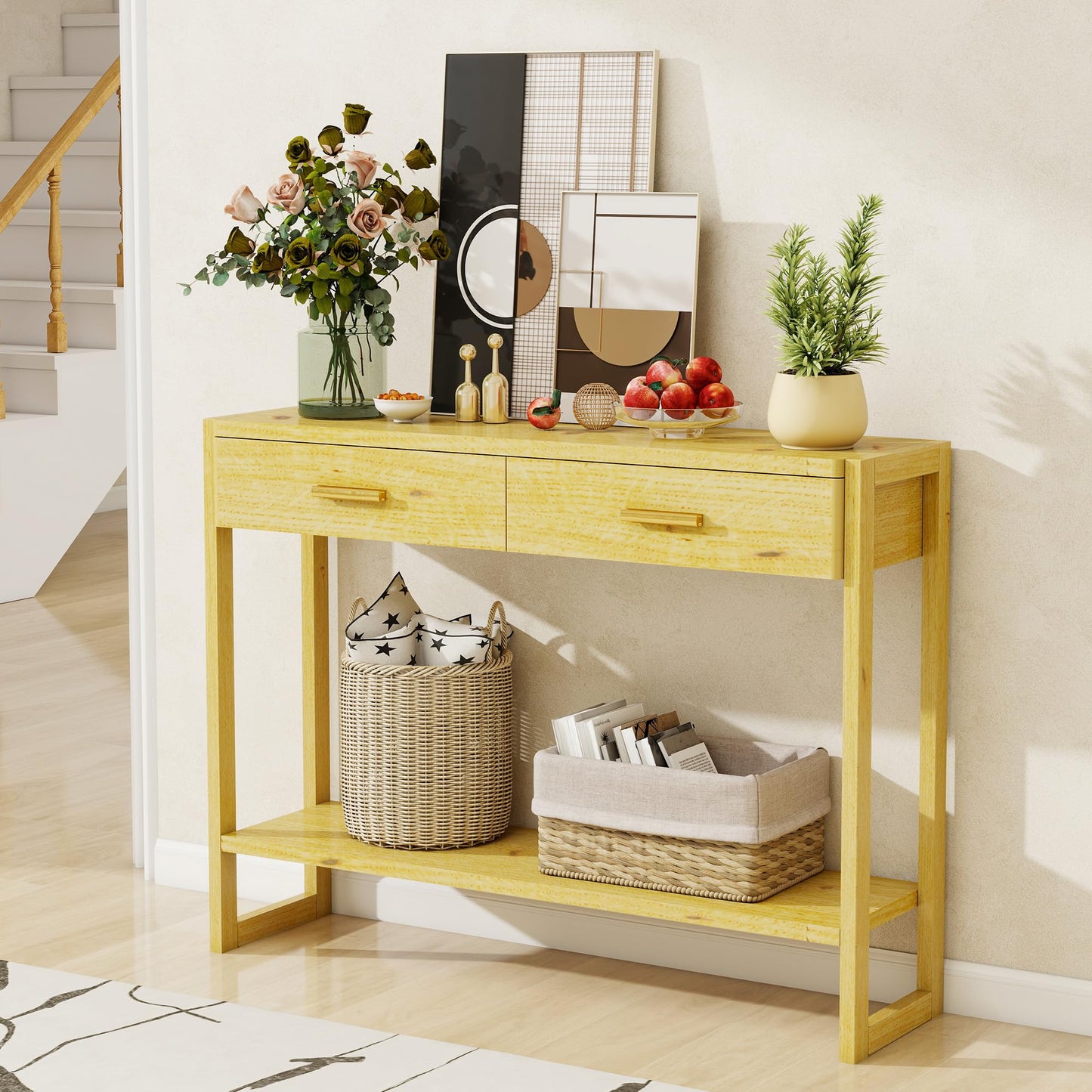 Edospaen Solid Wood Console Table with Storage Entryway Table with 2 Drawers Shelf & Reinforced Legs