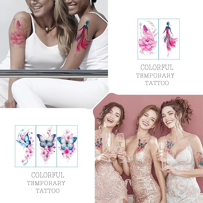 Watercolor Temporary Tattoos｜Women-Exclusive Tattoos (with Florals, Butterflies, Jellyfish, Beauties & More)｜Hyper-Realistic Fake Tattoos, Top Choice for Parties, Parent-Child & Beach