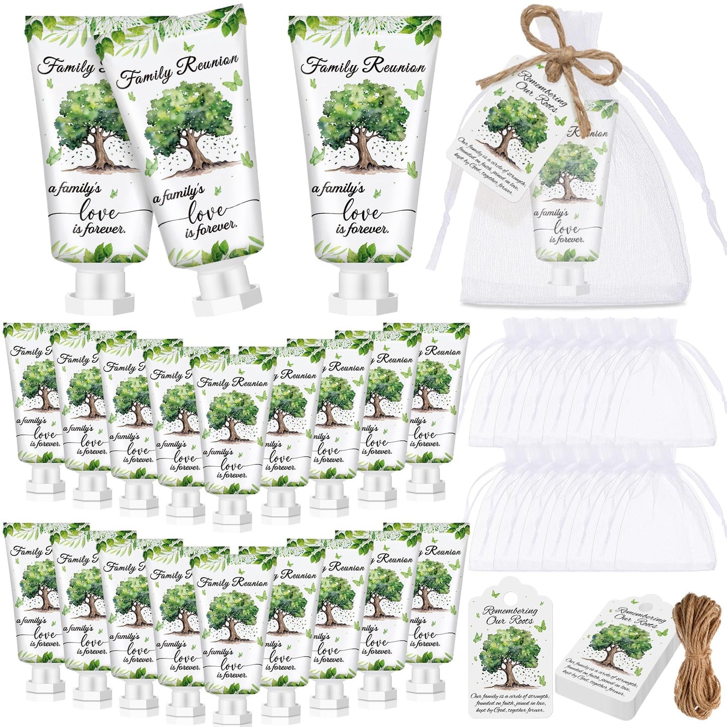 Dansib 60 Sets Family Reunion Favors Hand Lotion Cream Gifts Bulk Family Reunion Game Decorations with Card Organza Bags for Tab