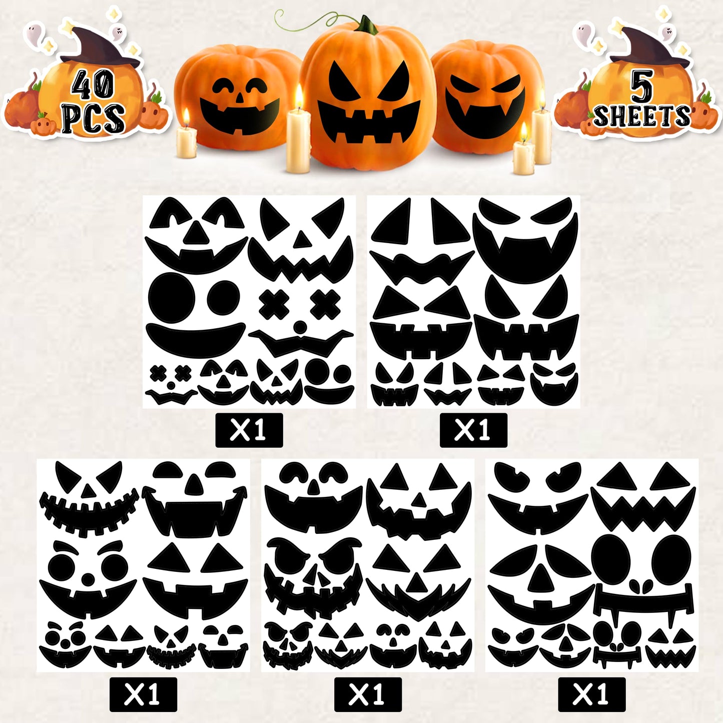 LINAYE 40 PCS Pumpkin Decorating Stickers, Halloween Jack-O-Lantern Face Stickers for Craft, Make Your Own Pumpkin Face Decorating Kit, Halloween Game Activities Gifts Party Favors for Kids