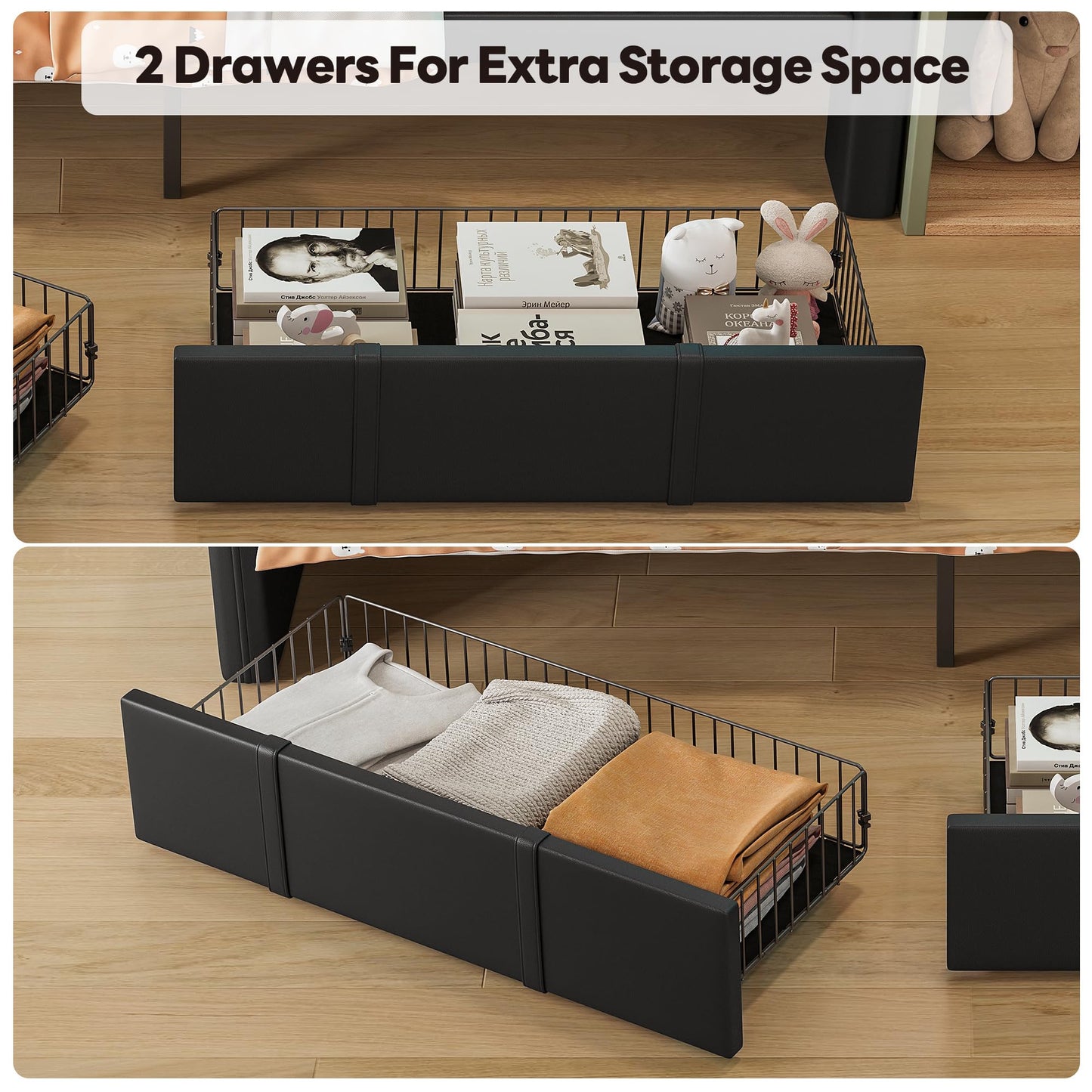 LIKIMIO Daybed with Storage, Twin Day Bed Frame with Drawers, Charging Station & LED, Sofa Bed with Strong Supports for Bedroom, Living Room, PU Leather Upholstered