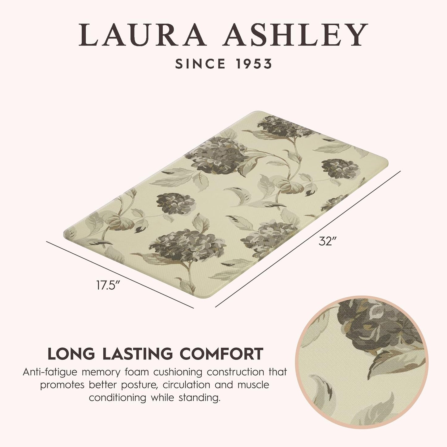 Laura Ashley – Anti-Fatigue Kitchen Mat | Hydrangea Floral Design | Stain, Water & Fade Resistant | Cooking & Standing Relief | Non-Slip Backing | Measures 17.5” x 32"| Grey Hydrnga