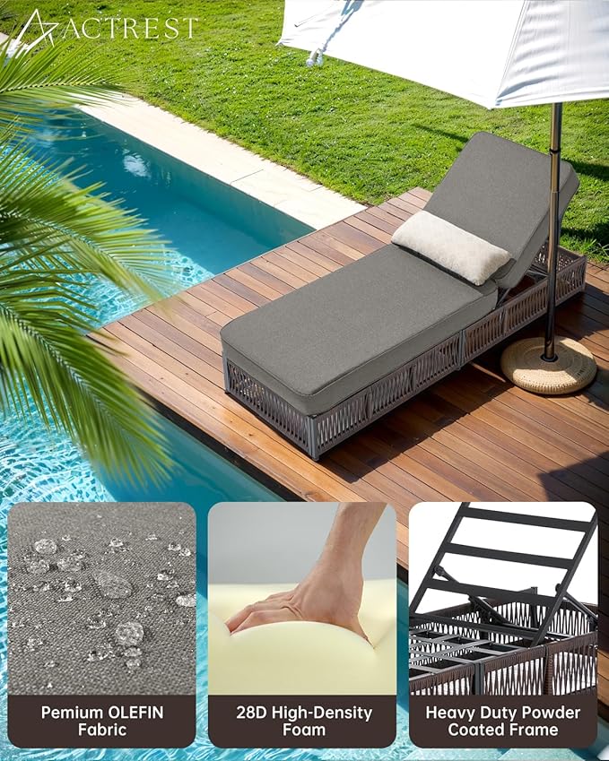 ACTREST Luxury Outdoor Chaise Lounge Chairs of 4 with 5 Inch Thick Cushions and Side Table - 6 PCS High Back Brown Wicker Rattan Patio Recliners Lounger Furniture Set for Poolside Sunbathing - Grey