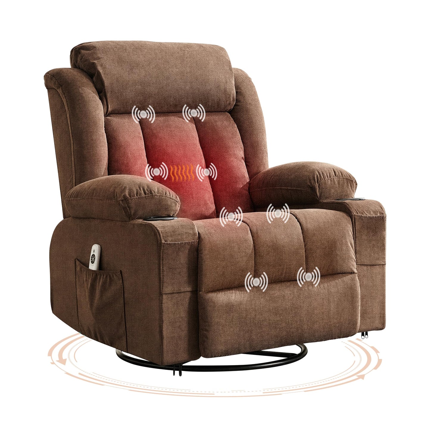 Oversized Manual Rocker Recliner Chair with 360° Swivel – Heat & Massage, Remote Control, Cup Holders, Side Pockets, USB Charging – Large Comfortable Living Room Lounge, Brown, Perch Depth 57CM