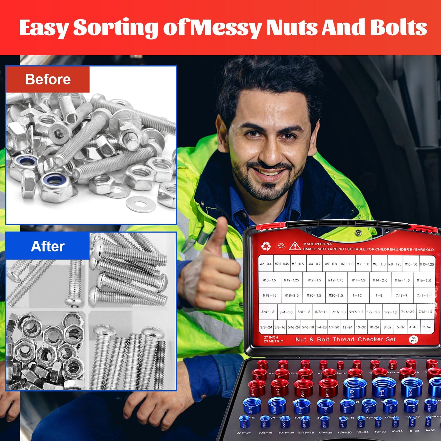 SBGGRL 50 Pcs Standard and Metric Nut Bolt Thread Checker Kit,Inch Size Gauges Finder Tool,Detachable Screw Identifier Thread Especially for Tread Fasteners Measuring