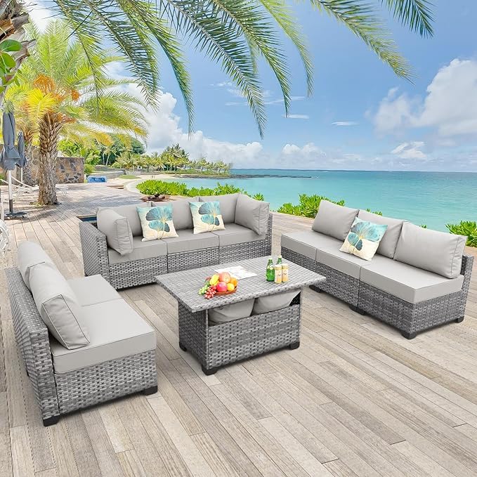 Rattaner 9-Piece Outdoor Sectional Wicker Furniture Set Patio Furniture Conversation Couch Set Large-Size Storage Table with Thicken(5") Anti-Slip Light Grey Cushions Cover